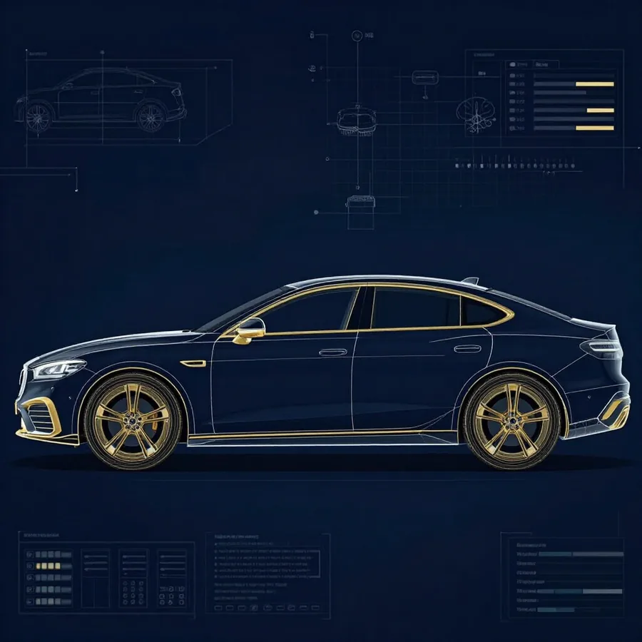 Blueprint-style illustration of a sedan in teal and gold